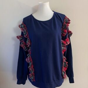 (sold)Crown & Ivy Navy Sweatshirt with Red Plaid Ruffles Christmas Holiday